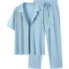 image:imageUOUA Mens Summer 2 Piece Set Casual Outfits Button Short Sleeve Shirt amp Loose Pants Textured Striped Tracksuit Walking SuitsLight Blue