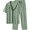 image:imageUOUA Mens Summer 2 Piece Set Casual Outfits Button Short Sleeve Shirt amp Loose Pants Textured Striped Tracksuit Walking SuitsLight Green