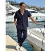 image:imageUOUA Mens Summer 2 Piece Set Casual Outfits Button Short Sleeve Shirt amp Loose Pants Textured Striped Tracksuit Walking SuitsNavy Blue