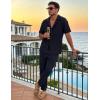 image:imageUOUA Mens Summer 2 Piece Set Casual Outfits Button Short Sleeve Shirt amp Loose Pants Textured Striped Tracksuit Walking SuitsNavy Blue