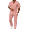 image:imageUOUA Mens Summer 2 Piece Set Casual Outfits Button Short Sleeve Shirt amp Loose Pants Textured Striped Tracksuit Walking SuitsNew Pink