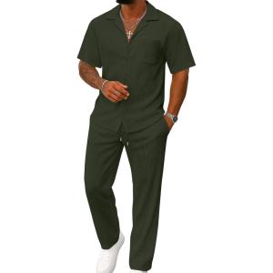 image:imageUOUA Mens Summer 2 Piece Set Casual Outfits Button Short Sleeve Shirt amp Loose Pants Textured Striped Tracksuit Walking SuitsArmy Green