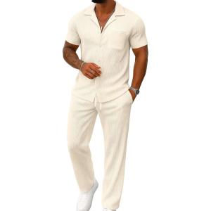 image:imageUOUA Mens Summer 2 Piece Set Casual Outfits Button Short Sleeve Shirt amp Loose Pants Textured Striped Tracksuit Walking SuitsClassicbeige