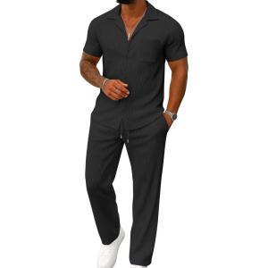 image:imageUOUA Mens Summer 2 Piece Set Casual Outfits Button Short Sleeve Shirt amp Loose Pants Textured Striped Tracksuit Walking SuitsClassicblack
