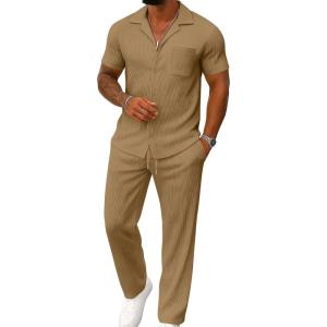 image:imageUOUA Mens Summer 2 Piece Set Casual Outfits Button Short Sleeve Shirt amp Loose Pants Textured Striped Tracksuit Walking SuitsClassickhaki