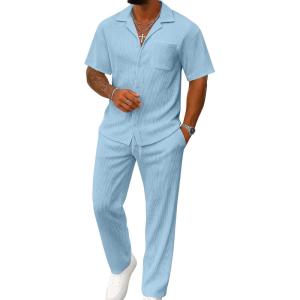 image:imageUOUA Mens Summer 2 Piece Set Casual Outfits Button Short Sleeve Shirt amp Loose Pants Textured Striped Tracksuit Walking SuitsLight Blue