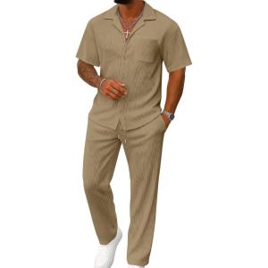 image:imageUOUA Mens Summer 2 Piece Set Casual Outfits Button Short Sleeve Shirt amp Loose Pants Textured Striped Tracksuit Walking SuitsLight Khali