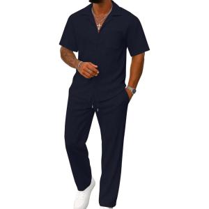 image:imageUOUA Mens Summer 2 Piece Set Casual Outfits Button Short Sleeve Shirt amp Loose Pants Textured Striped Tracksuit Walking SuitsNavy Blue