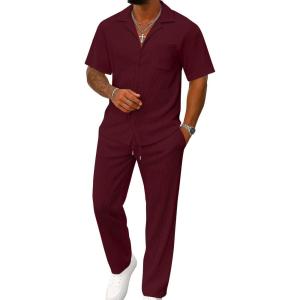 image:imageUOUA Mens Summer 2 Piece Set Casual Outfits Button Short Sleeve Shirt amp Loose Pants Textured Striped Tracksuit Walking SuitsWine