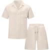 image:imageUOUA Mens Short Sets 2 Piece Summer Outfits Jacquard Short Sleeve Button Down Shirt and Shorts SetBeige