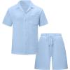 image:imageUOUA Mens Short Sets 2 Piece Summer Outfits Jacquard Short Sleeve Button Down Shirt and Shorts SetLightblue