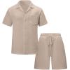 image:imageUOUA Mens Short Sets 2 Piece Summer Outfits Jacquard Short Sleeve Button Down Shirt and Shorts SetLightkhaki