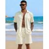image:imageUOUA Mens Summer Outfits Waffle Knit 2 Piece Short Sets Casual Button Down Shirt amp ShortsBeige