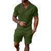 image:imageUOUA Mens Short Sets 2 Piece Summer Outfits Jacquard Short Sleeve Button Down Shirt and Shorts SetArmygreen