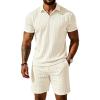 image:imageUOUA Mens Shorts Set Twisted Texture Polo Shirt amp Shorts Casual 2 Piece Summer Outfits Short Sleeve Vacation SetBeige