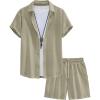 image:imageUOUA Mens Summer Outfits Waffle Knit 2 Piece Short Sets Casual Button Down Shirt amp ShortsGreybeige