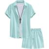 image:imageUOUA Mens Summer Outfits Waffle Knit 2 Piece Short Sets Casual Button Down Shirt amp ShortsLightblue