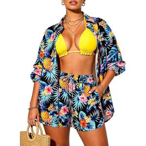 image:imageUOUA 3 Piece Swimsuits for Women Hawaiian Outfits Floral Tropical Bikini amp Short Sets Summer Beach Sexy Cover Ups Luau PartyPineapplefloral