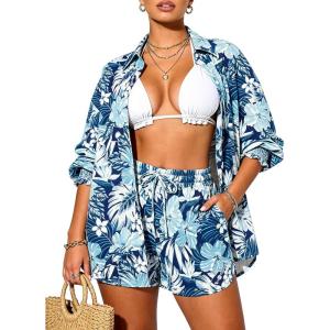 image:imageUOUA 3 Piece Swimsuits for Women Hawaiian Outfits Floral Tropical Bikini amp Short Sets Summer Beach Sexy Cover Ups Luau PartySummerblue
