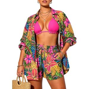 image:imageUOUA 3 Piece Swimsuits for Women Hawaiian Outfits Floral Tropical Bikini amp Short Sets Summer Beach Sexy Cover Ups Luau PartyTropicalleopard