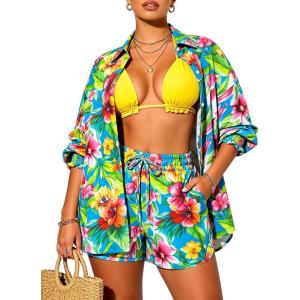 image:imageUOUA 3 Piece Swimsuits for Women Hawaiian Outfits Floral Tropical Bikini amp Short Sets Summer Beach Sexy Cover Ups Luau PartyYellowpink