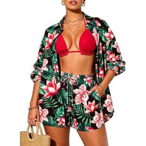 image:imageUOUA 3 Piece Swimsuits for Women Hawaiian Outfits Floral Tropical Bikini amp Short Sets Summer Beach Sexy Cover Ups Luau PartyYwxred