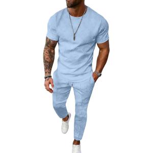 image:imageUOUA Mens 2 Piece Sweatsuit Set Short Sleeve Sweatshirt Jogging Sweatpants Tracksuits OutfitsLight Blue