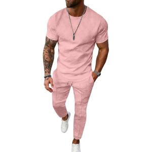 image:imageUOUA Mens 2 Piece Sweatsuit Set Short Sleeve Sweatshirt Jogging Sweatpants Tracksuits OutfitsPink