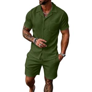image:imageUOUA Mens Short Sets 2 Piece Summer Outfits Jacquard Short Sleeve Button Down Shirt and Shorts SetArmygreen