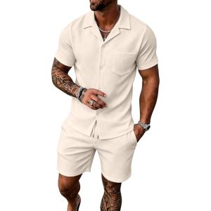 image:imageUOUA Mens Short Sets 2 Piece Summer Outfits Jacquard Short Sleeve Button Down Shirt and Shorts SetBeige