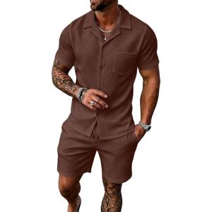 image:imageUOUA Mens Short Sets 2 Piece Summer Outfits Jacquard Short Sleeve Button Down Shirt and Shorts SetBrown