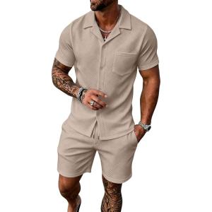 image:imageUOUA Mens Short Sets 2 Piece Summer Outfits Jacquard Short Sleeve Button Down Shirt and Shorts SetLightkhaki