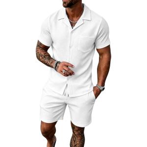 image:imageUOUA Mens Short Sets 2 Piece Summer Outfits Jacquard Short Sleeve Button Down Shirt and Shorts SetWhite