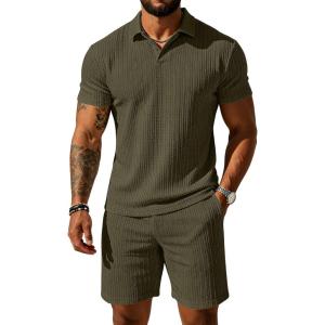 image:imageUOUA Mens Shorts Set Twisted Texture Polo Shirt amp Shorts Casual 2 Piece Summer Outfits Short Sleeve Vacation SetArmy Green