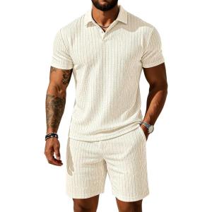 image:imageUOUA Mens Shorts Set Twisted Texture Polo Shirt amp Shorts Casual 2 Piece Summer Outfits Short Sleeve Vacation SetBeige