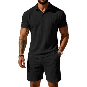 image:imageUOUA Mens Shorts Set Twisted Texture Polo Shirt amp Shorts Casual 2 Piece Summer Outfits Short Sleeve Vacation SetBlack