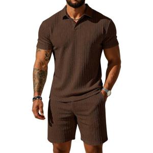 image:imageUOUA Mens Shorts Set Twisted Texture Polo Shirt amp Shorts Casual 2 Piece Summer Outfits Short Sleeve Vacation SetBrown