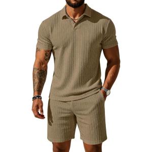 image:imageUOUA Mens Shorts Set Twisted Texture Polo Shirt amp Shorts Casual 2 Piece Summer Outfits Short Sleeve Vacation SetKhaki