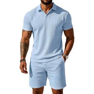 image:imageUOUA Mens Shorts Set Twisted Texture Polo Shirt amp Shorts Casual 2 Piece Summer Outfits Short Sleeve Vacation SetLight Blue