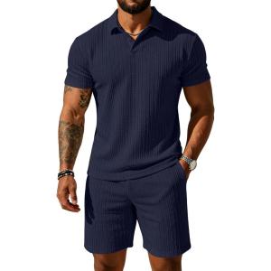 image:imageUOUA Mens Shorts Set Twisted Texture Polo Shirt amp Shorts Casual 2 Piece Summer Outfits Short Sleeve Vacation SetNavy Blue