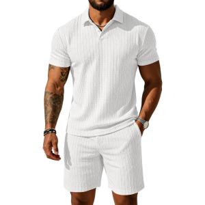 image:imageUOUA Mens Shorts Set Twisted Texture Polo Shirt amp Shorts Casual 2 Piece Summer Outfits Short Sleeve Vacation SetWhite