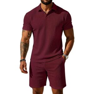 image:imageUOUA Mens Shorts Set Twisted Texture Polo Shirt amp Shorts Casual 2 Piece Summer Outfits Short Sleeve Vacation SetWine Red
