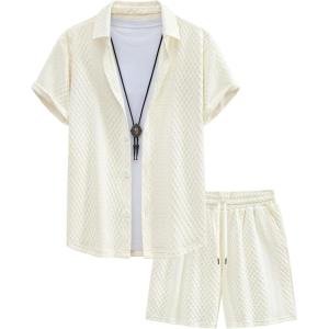 image:imageUOUA Mens Summer Outfits Waffle Knit 2 Piece Short Sets Casual Button Down Shirt amp ShortsBeige