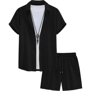 image:imageUOUA Mens Summer Outfits Waffle Knit 2 Piece Short Sets Casual Button Down Shirt amp ShortsBlack