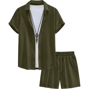 image:imageUOUA Mens Summer Outfits Waffle Knit 2 Piece Short Sets Casual Button Down Shirt amp ShortsGreen