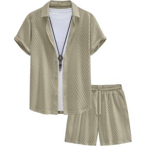 image:imageUOUA Mens Summer Outfits Waffle Knit 2 Piece Short Sets Casual Button Down Shirt amp ShortsGreybeige