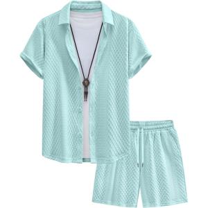image:imageUOUA Mens Summer Outfits Waffle Knit 2 Piece Short Sets Casual Button Down Shirt amp ShortsLightblue