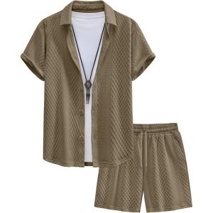 image:imageUOUA Mens Summer Outfits Waffle Knit 2 Piece Short Sets Casual Button Down Shirt amp ShortsLightkhaki