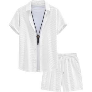 image:imageUOUA Mens Summer Outfits Waffle Knit 2 Piece Short Sets Casual Button Down Shirt amp ShortsWhite