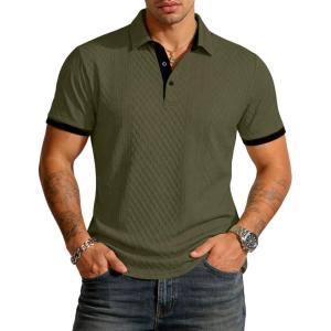 image:imageUOUA Mens Summer Short Sleeve Casual Polo Shirt Classic Button Textured Golf T Shirts Beach Vacation TopArmygreen